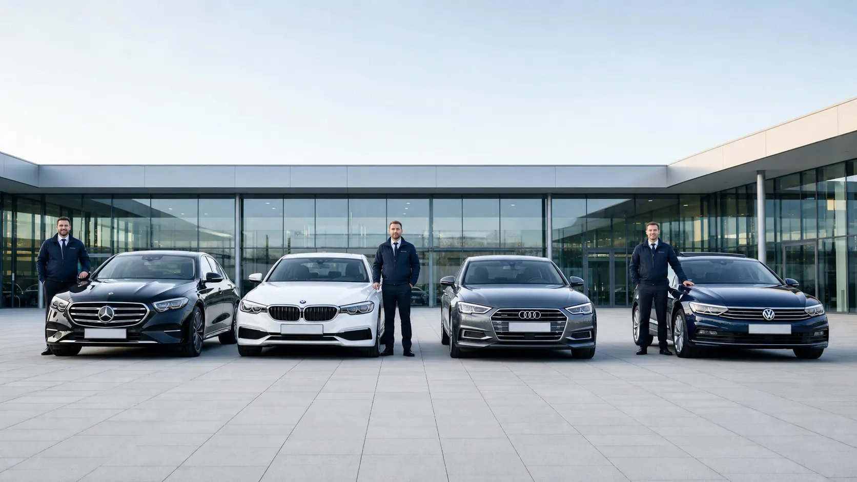Team von Prestige Car Delivery mit einer Reihe überführter Fahrzeuge