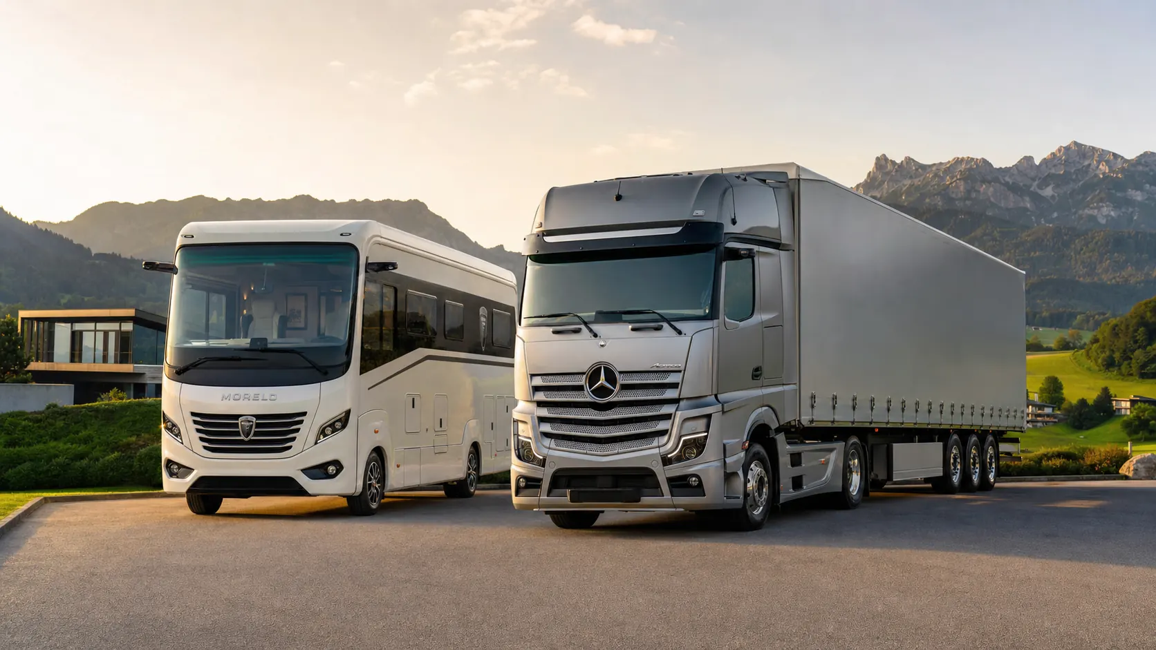 Wohnmobil und Lkw gemeinsam auf einem Betriebsgelände